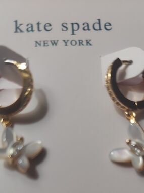 kate spade Gold and White Butterfly Drop Hoop Earrings